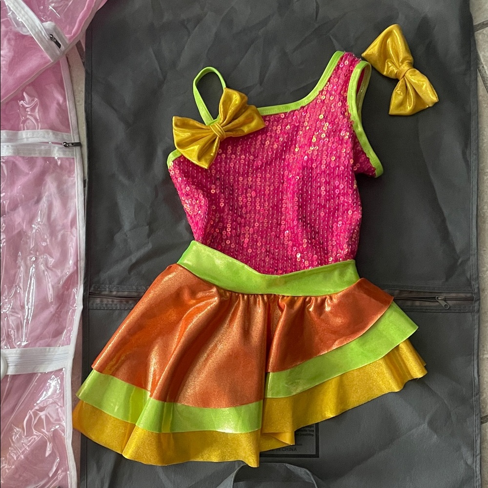 Vibrant, Sassy Pink and Orange Sequin Kids Dance Costume with Attached Shorts